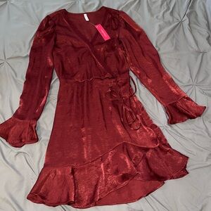 Satin Maroon Long Sleeve Dress